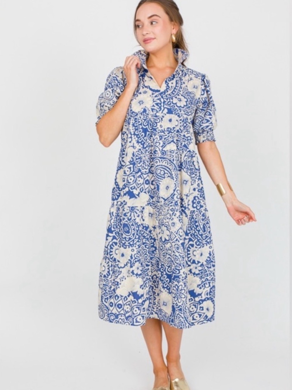 Umgee Blue and Cream Paisley Floral Midi Dress - Picture 2 of 3